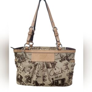 Coach Brown Canvas Tote Leather Trim Horse & Carriage Bag